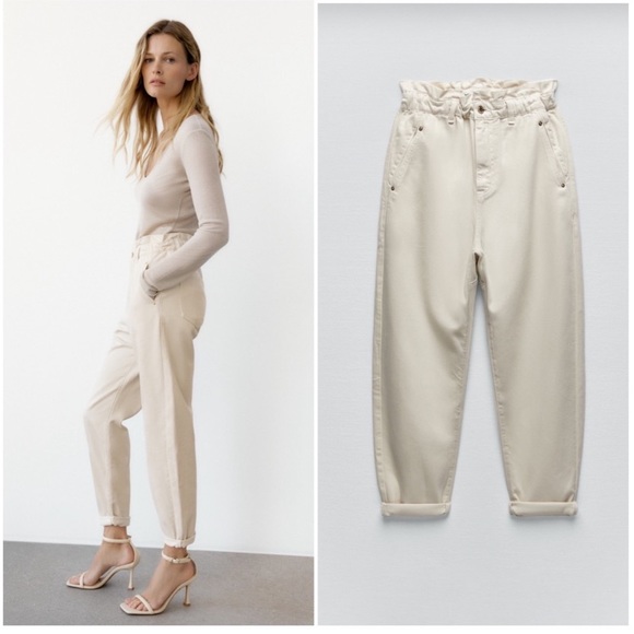 ZARA Paper Bag Barrel Pants in Cream Denim - Picture 2 of 12
